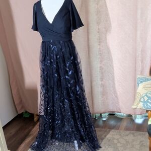 Elegant Navy V-Neck Sequin Overlay Evening Gown